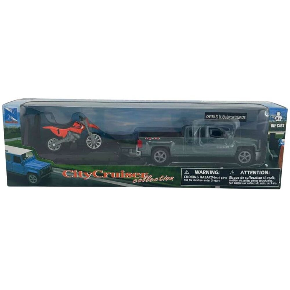 New Ray Chevy Silverado 1500 Crew Cab with Motocross and Trailer / 1:43 Scale
